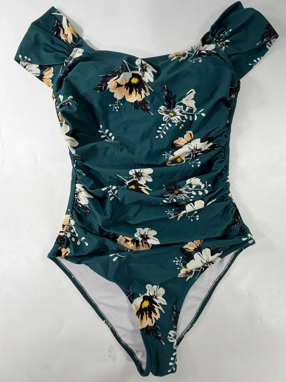 Cupshe Teal Floral Off Shoulder Ruched Tummy Control Swimsuit S